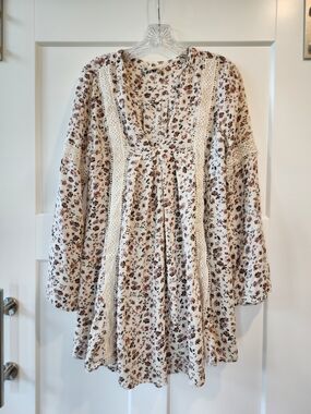 Altar'd State Cream Floral Mini Dress with Brown & Pink Accents